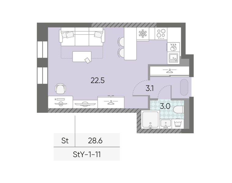 Техническая планировка студии 28,6 м² в жилом комплексе ЗИЛАРТ МАРК