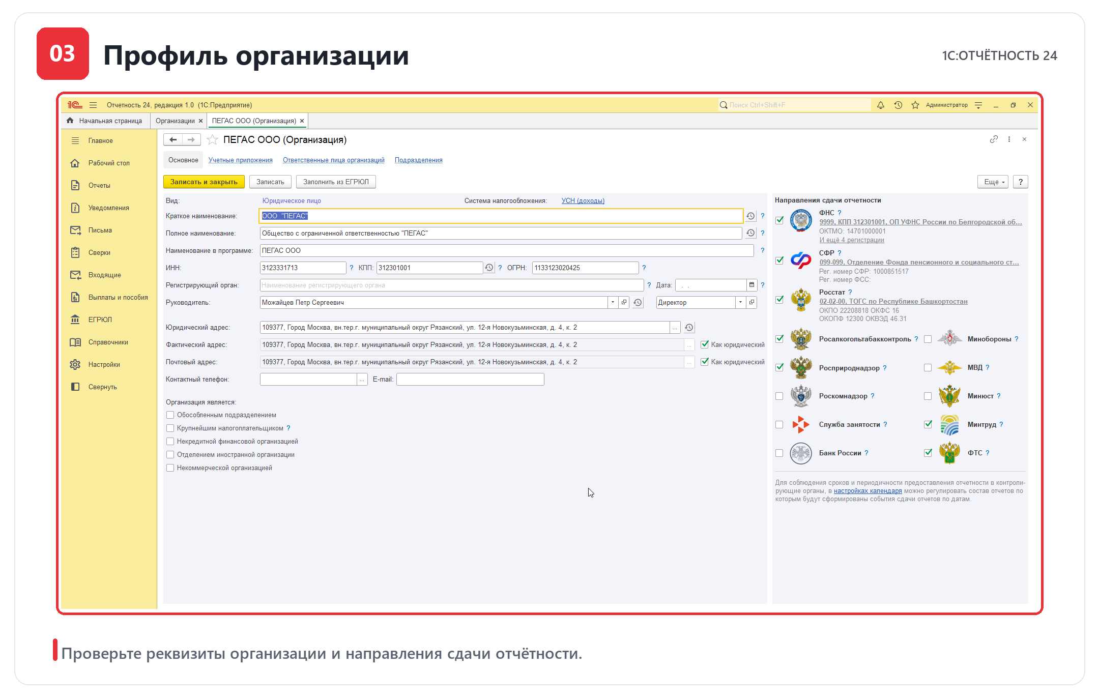 Профиль организации с реквизитами и направлениями сдачи электронной отчётности