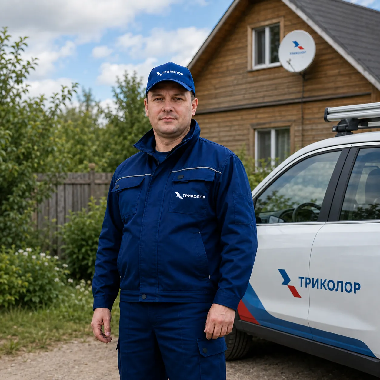 Мастер Триколор на выезде в Кемерово: спутниковая антенна на стене дома и служебный автомобиль