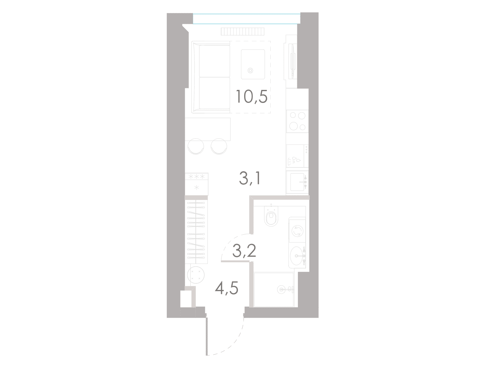 Планировка студии 21,3 м² в башне Алмаз River Park Towers Кутузовский