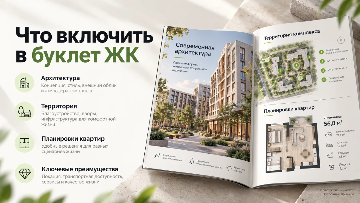 Содержание буклета жилого комплекса: архитектура, территория и планировки