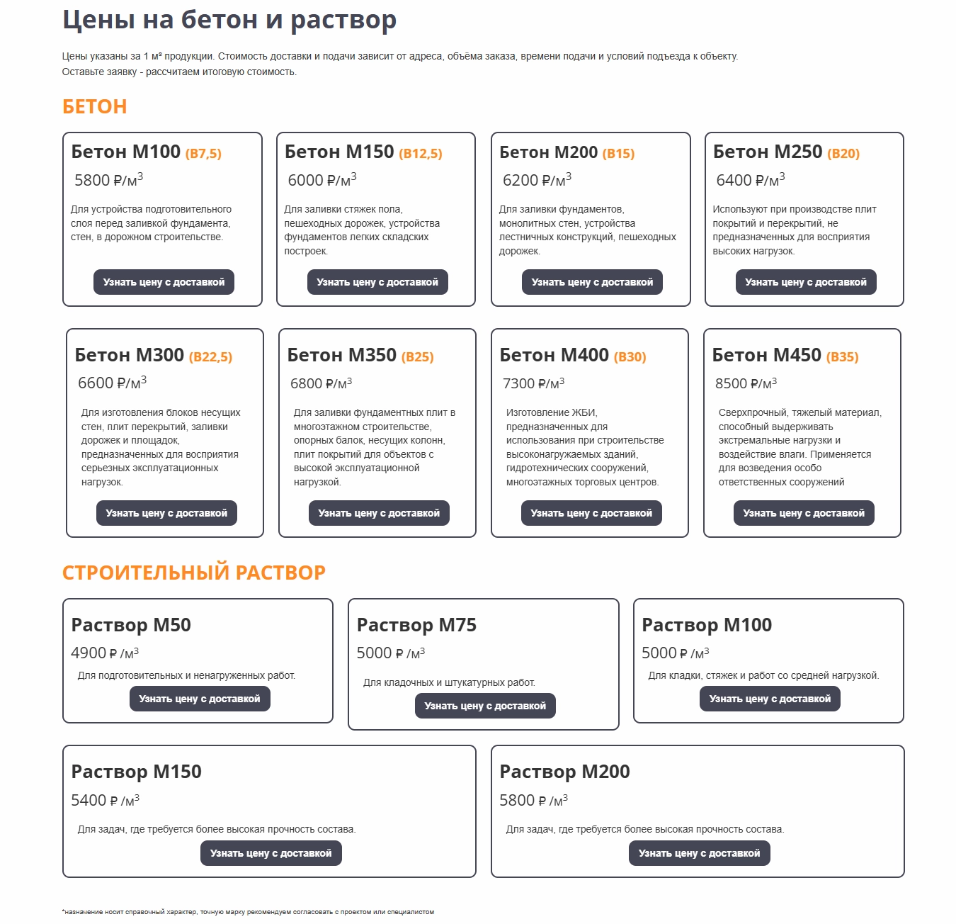 Каталог и блоки сайта Победа Бетон