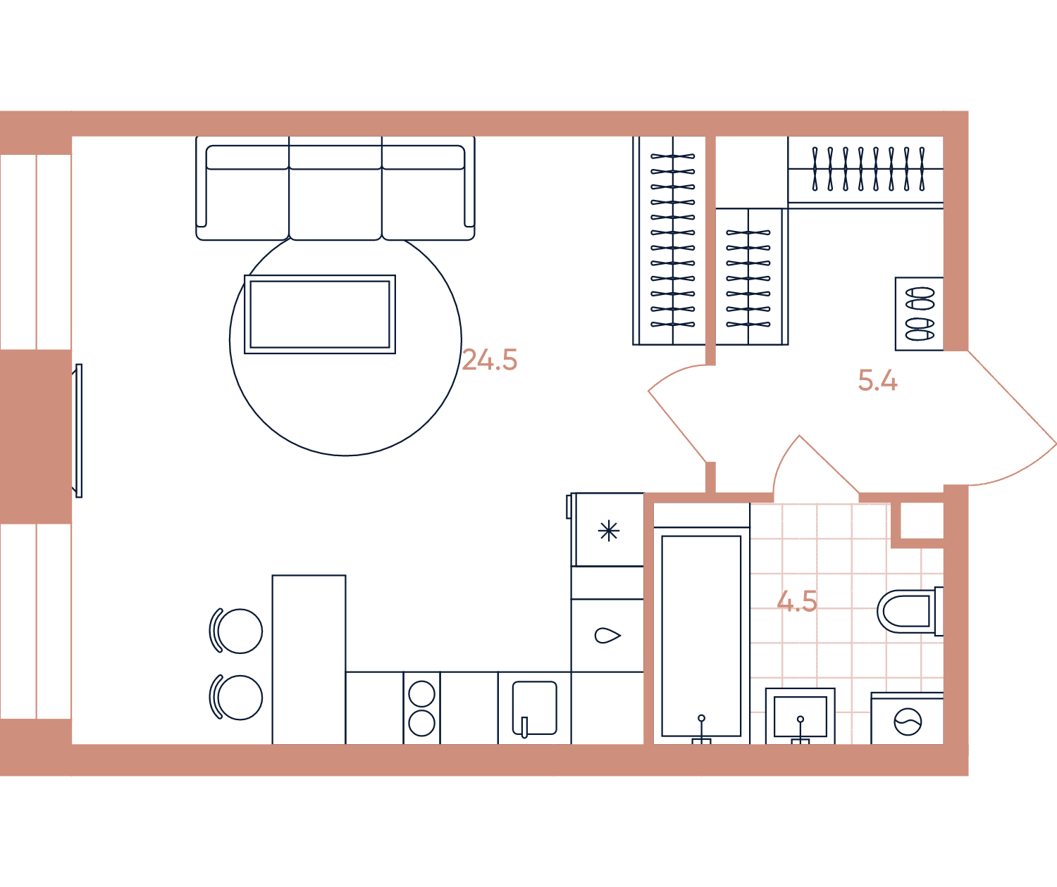Планировка студии 34,4 м², №85, корпус 6, ЖК ЭРА
